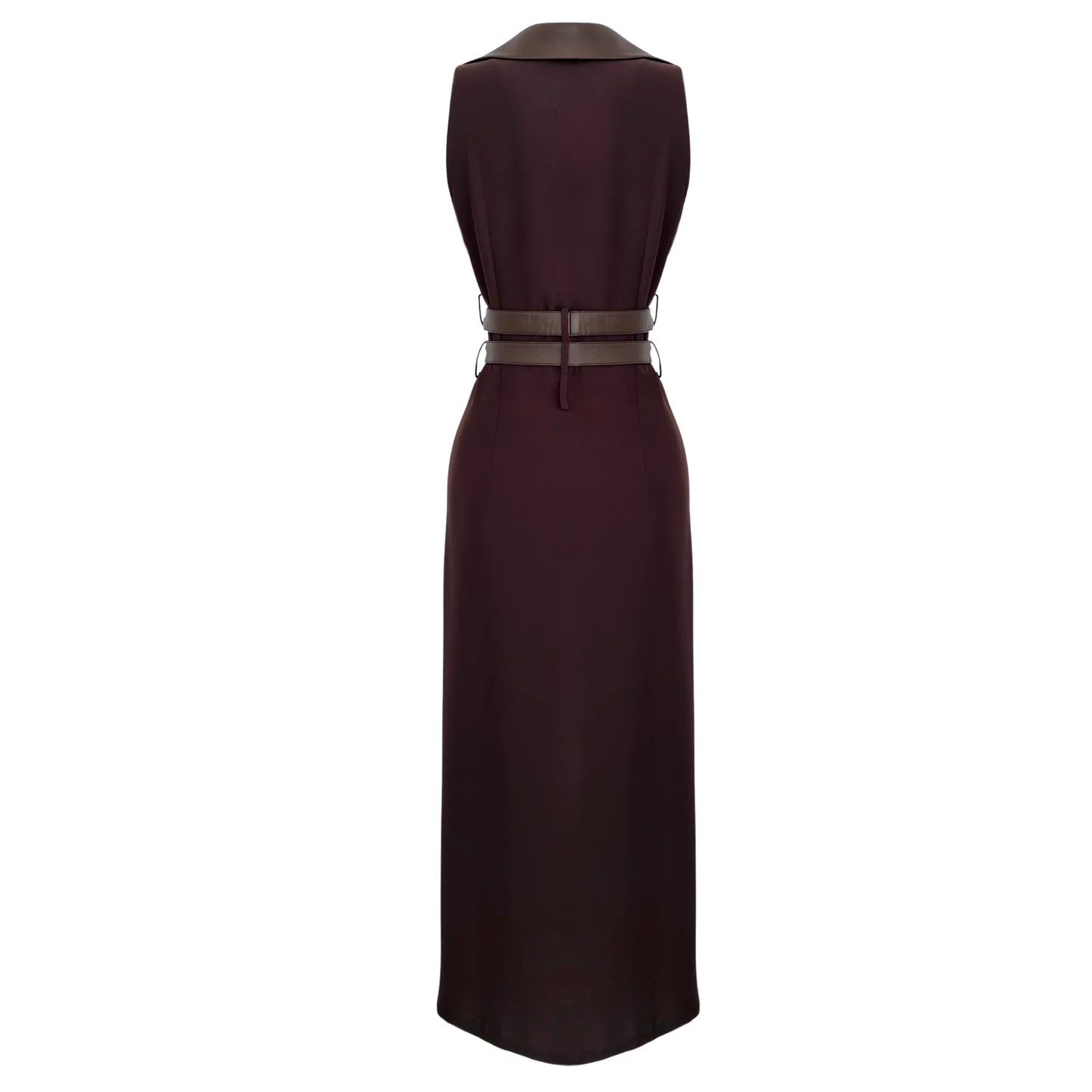 Bella Brown Zipper  Leather Maxi Dress with Belt