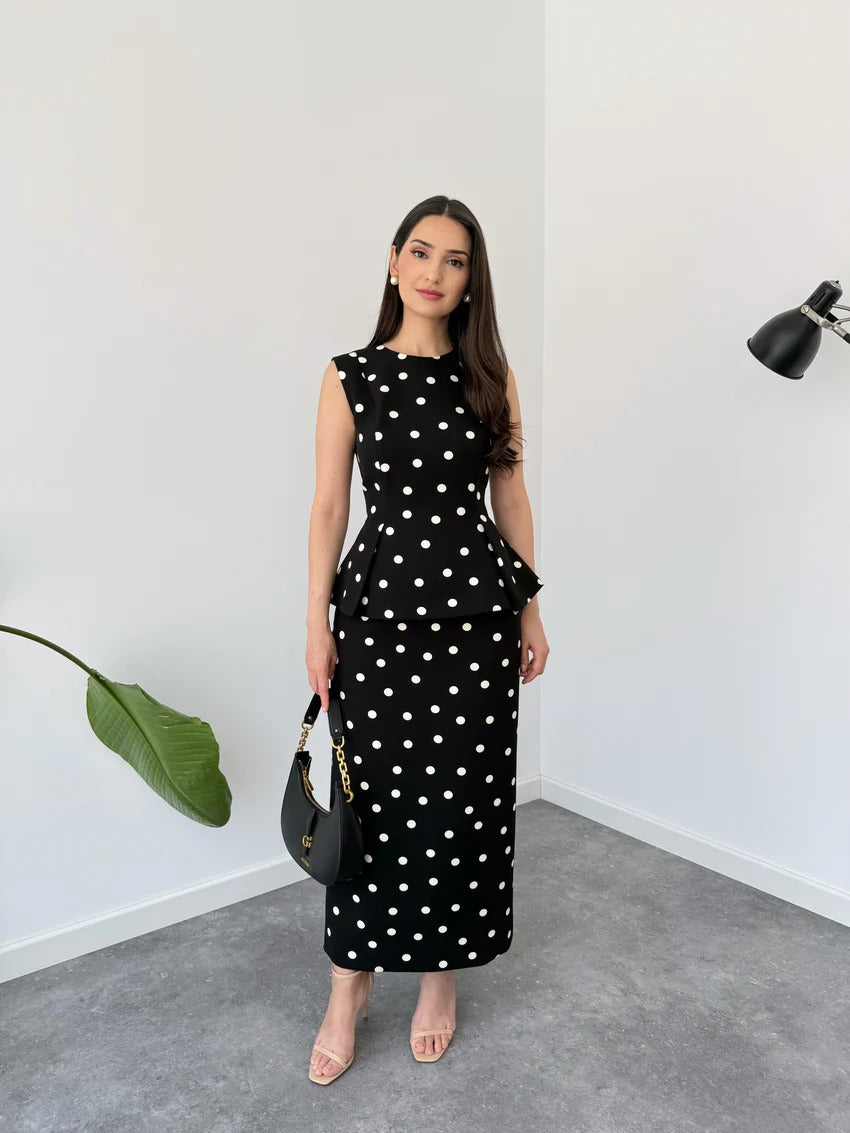 Polka Dot Patterned Pencil Skirt Top Set