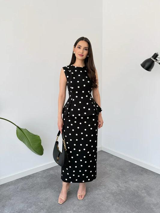 POLKA DOT PATTERNED PENCIL SKIRT TOP SET