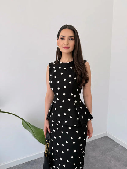 Polka Dot Patterned Pencil Skirt Top Set