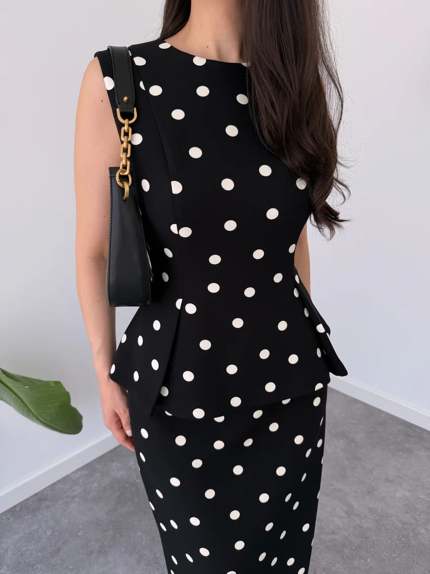 Polka Dot Patterned Pencil Skirt Top Set